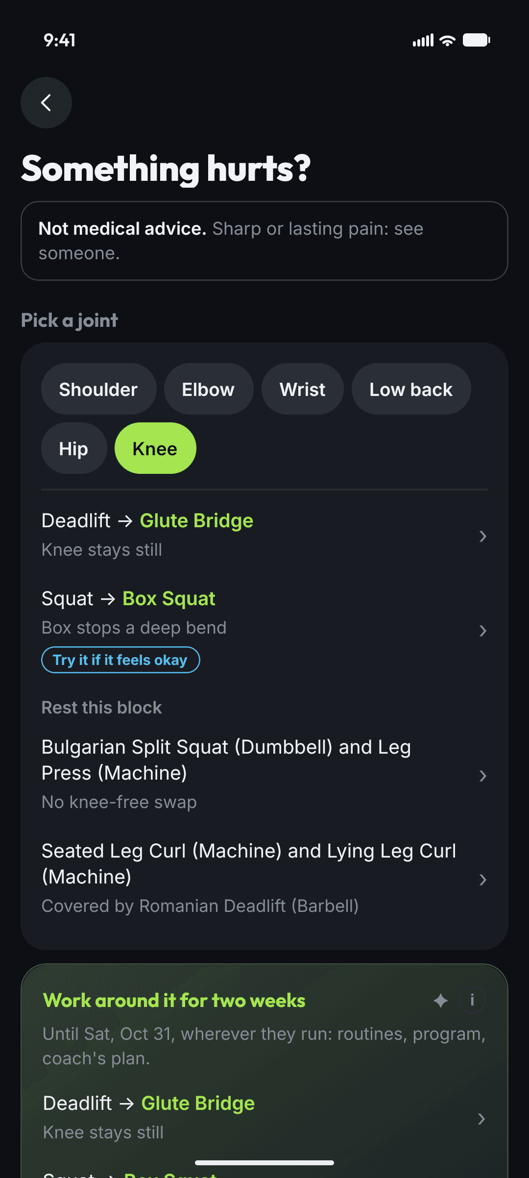 Swolver's Something Hurts: not medical advice first, Knee picked, Deadlift swapped to Glute Bridge because the knee stays still, Squat swapped to Box Squat (try it if it feels okay), then the lifts to rest this block