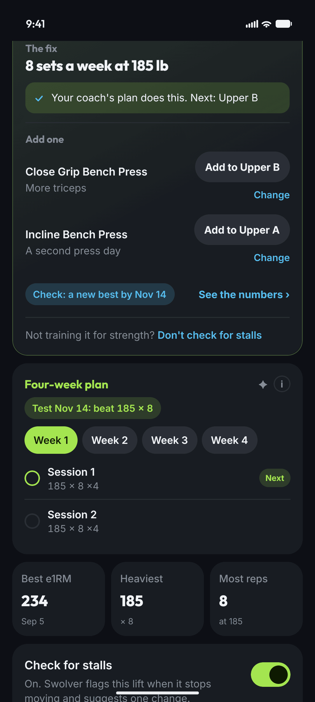 Swolver's fix for a stalled Bench Press: 8 sets a week at 185 lb, which the coach's plan already does, two lifts to add with Add to Upper B and Add to Upper A, a check for a new best by Nov 14, and the four-week plan