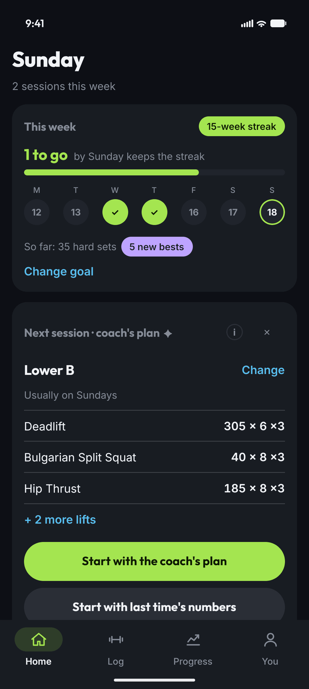 Swolver's Home: a 15-week streak with one session to go this week, then the coach's plan for the next session, Upper B, with Bench Press at 185 x 8 for four sets in week 1 of its plan
