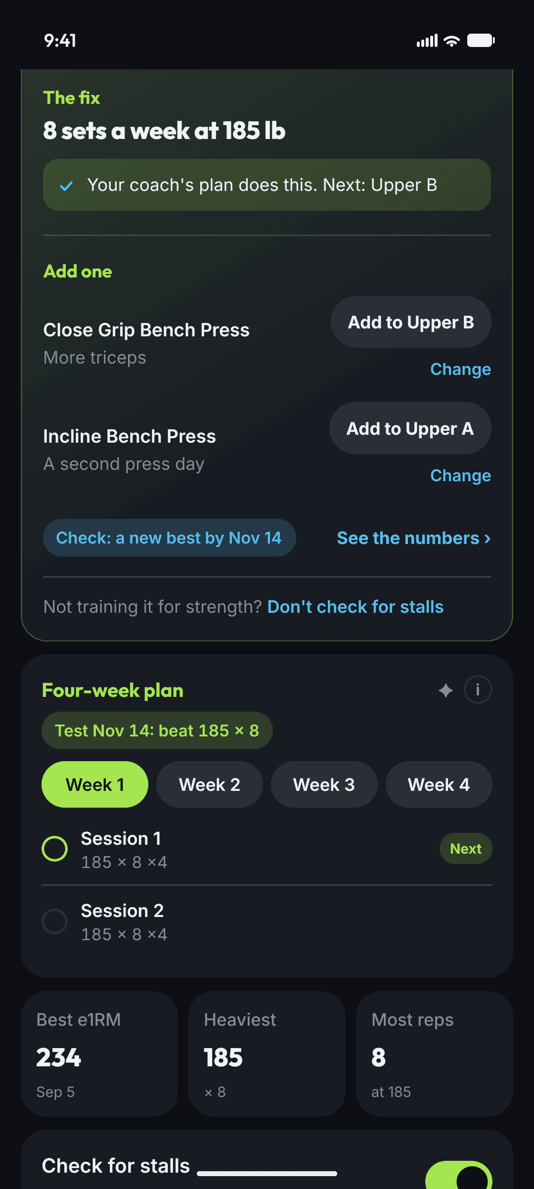 Swolver's fix for a stalled Bench Press: 8 sets a week at 185 lb, which the coach's plan already does, two lifts to add with Add to Upper B and Add to Upper A, a check for a new best by Nov 14, and the four-week plan