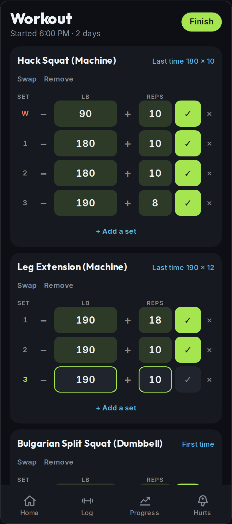 Logging a set: weight, reps and a tick